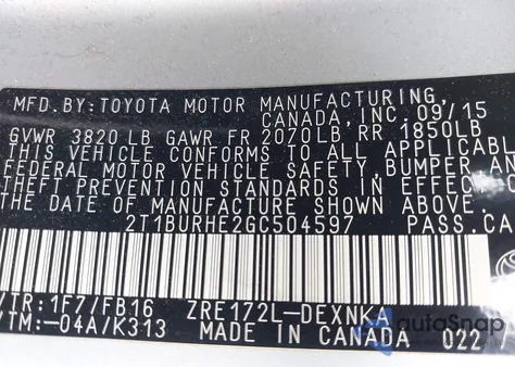 2016 Toyota Corolla Le from USA, damaged, VIN 2T1BURHE2GC504597